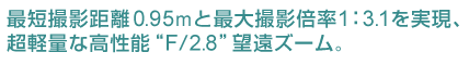 最短撮影距離0.95mと最大撮影倍率1：3.1を実現、
超軽量な高性能“F/2.8”望遠ズーム